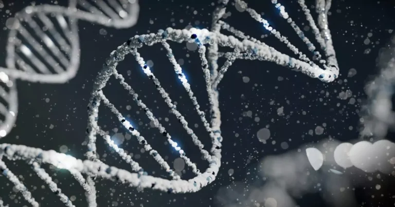 A close-up 3D visualization of a DNA double helix, with sparkling particles and glowing highlights, symbolizing the molecular process of DNA methylation and its role in health.